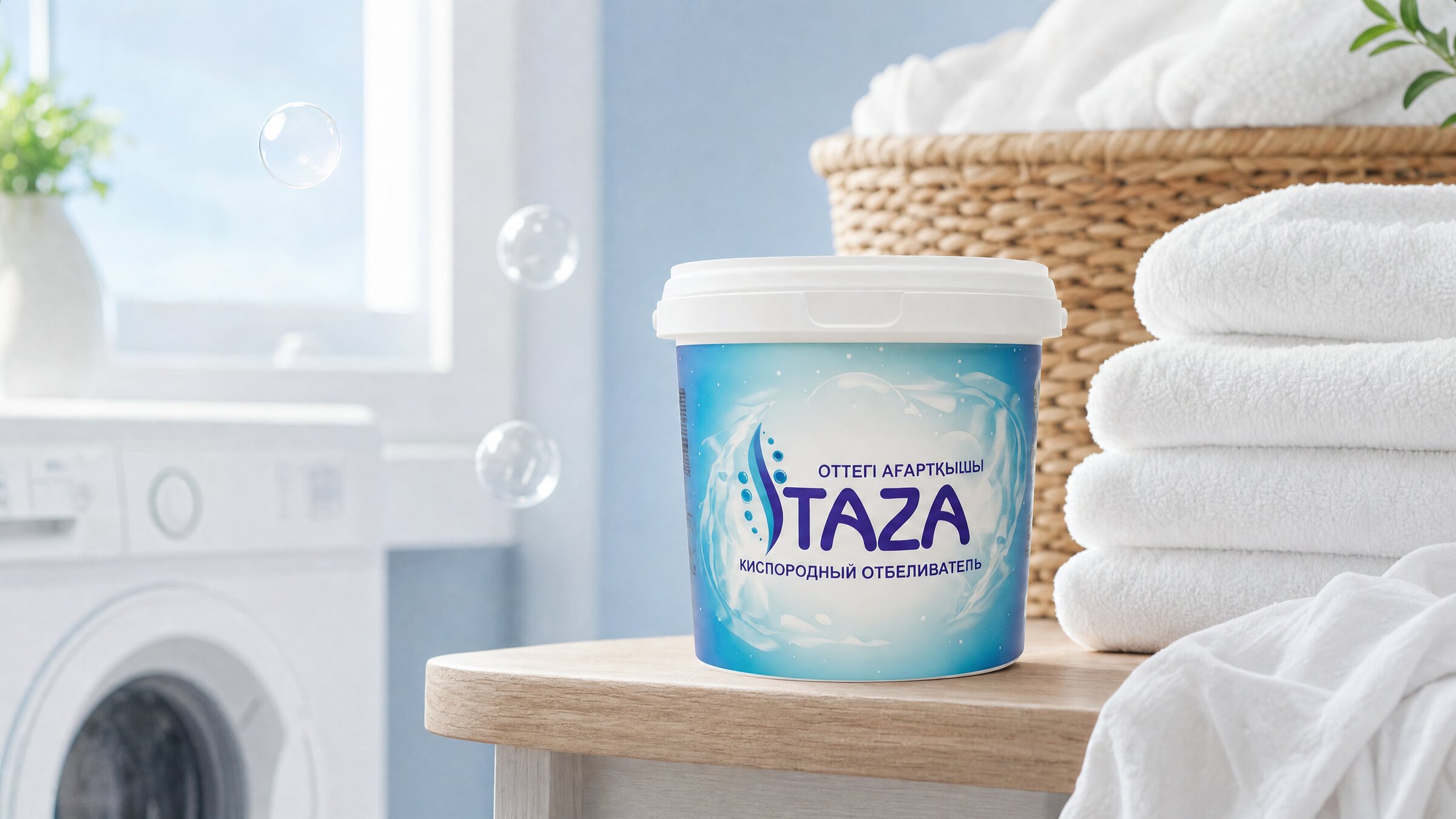 Кислородный отбеливатель TAZA 1 кг в светлой постирочной — рядом корзина и стопка полотенец