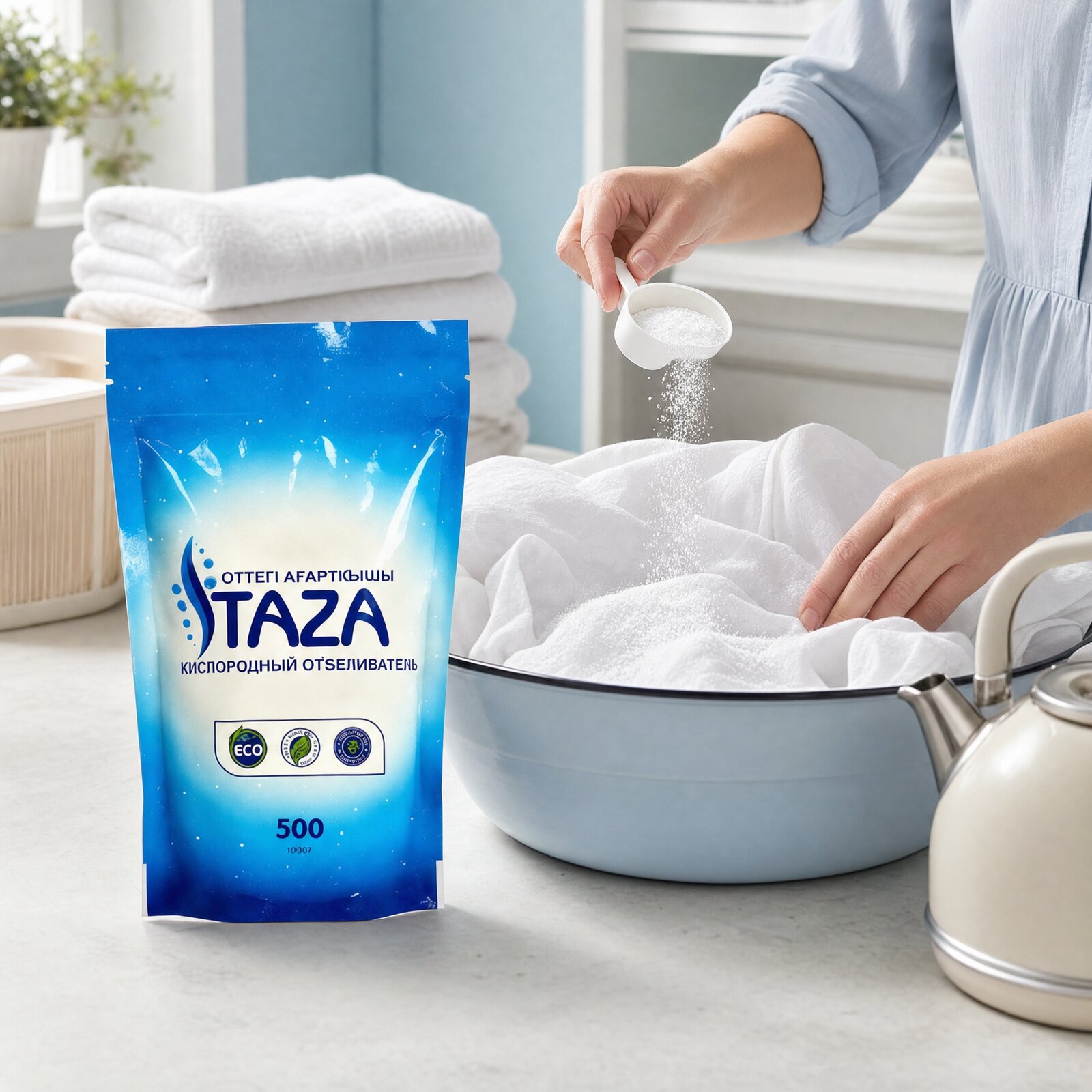 Применение отбеливателя TAZA 500 г: порошок насыпается на бельё, рядом чайник с горячей водой