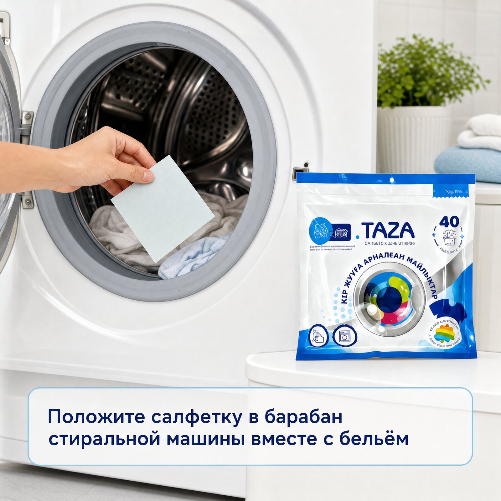 Применение MAYLYQTAR: салфетка кладётся в барабан стиральной машины вместе с бельём