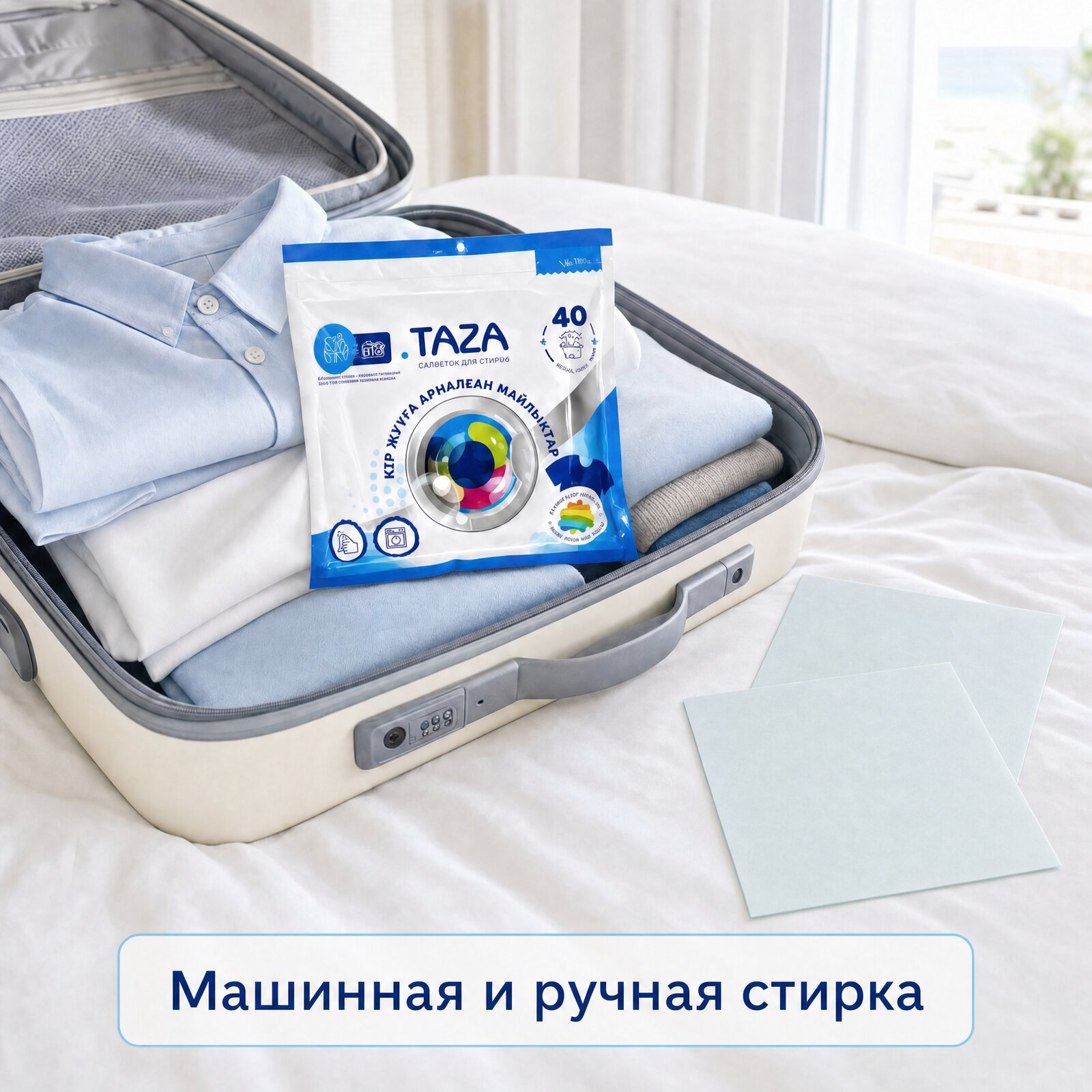 Салфетки MAYLYQTAR в поездке: чемодан и две пластины — машинная и ручная стирка