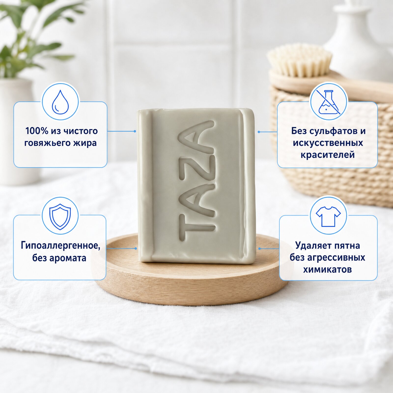 Хозяйственное мыло TAZA — свойства: 100% из чистого говяжьего жира, без сульфатов и искусственных красителей, гипоаллергенное, без аромата, удаляет пятна без агрессивных химикатов
