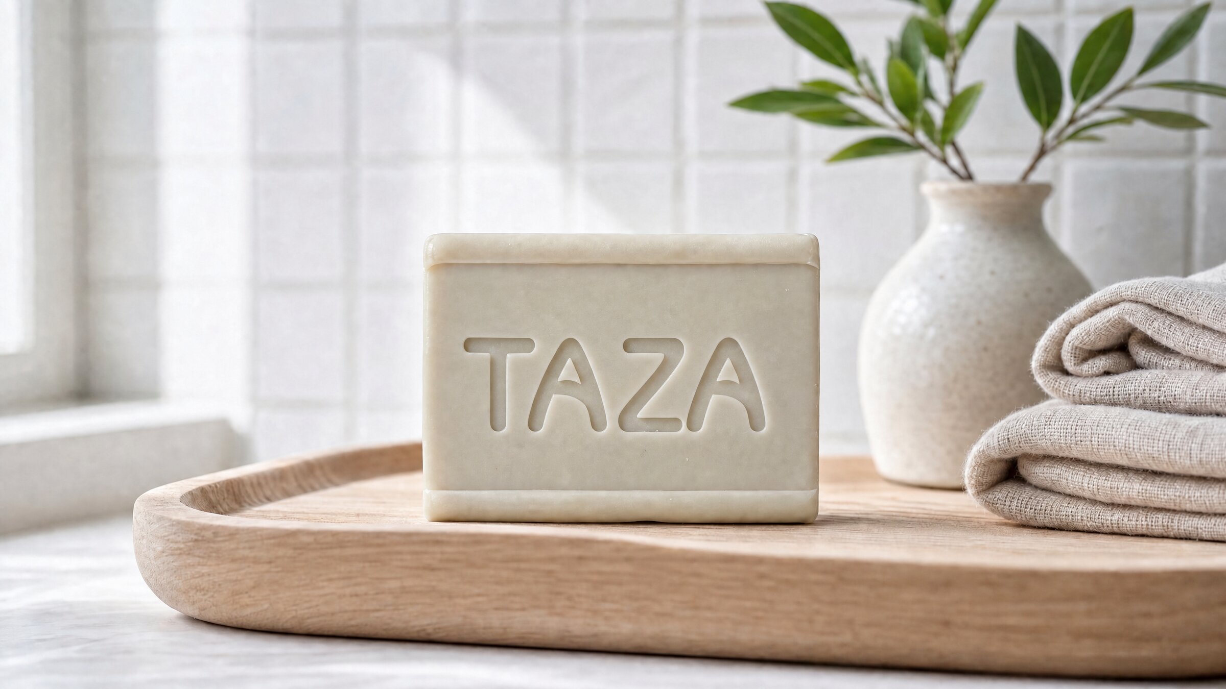 Хозяйственное мыло TAZA 200 г — натюрморт на льняной ткани